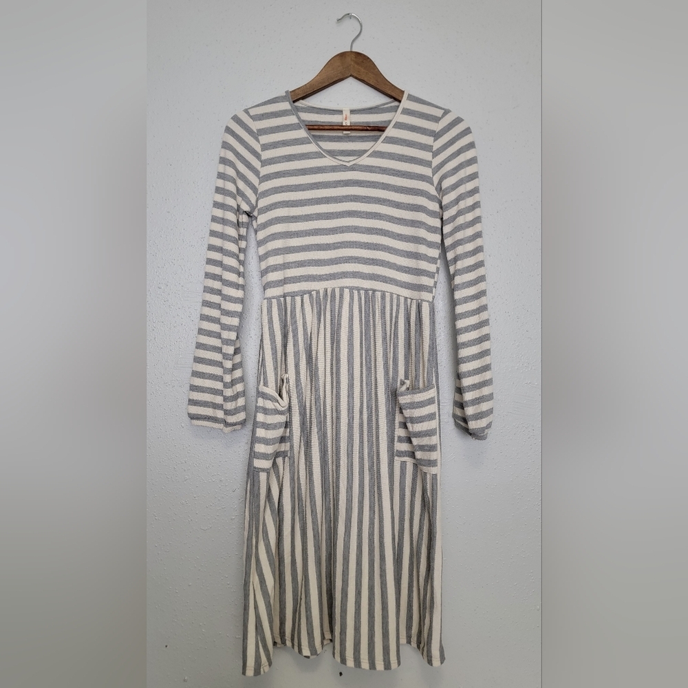 Orange Creek Gray Terry Cloth Striped Long Sleeve Midi Dress